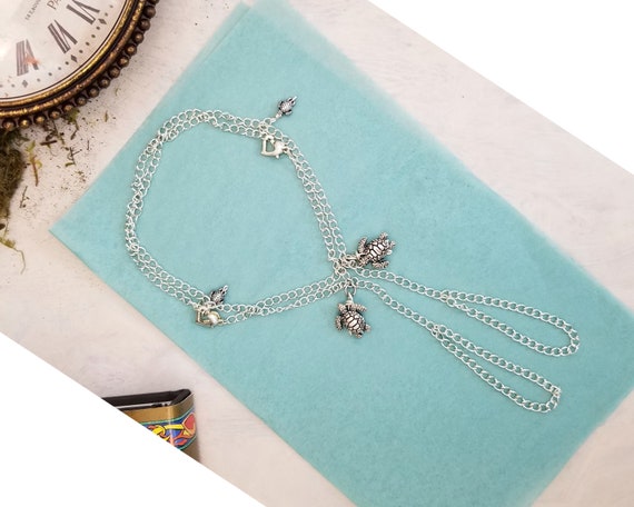 Chain Barefoot Sandals, Pair, Silver, with Sea Turtles, Lobster Clasp, Adjustable