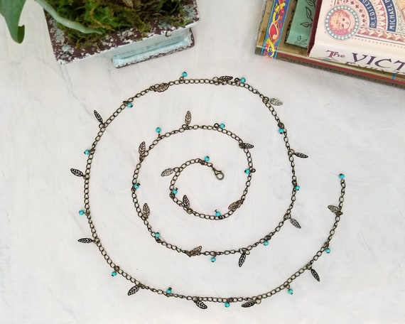 Belly Chain or Lariat in Turquoise Blue with Leaves, Adjustable, Beach, Boho, Bohemian, Steampunk, Choice of Colors and Metals