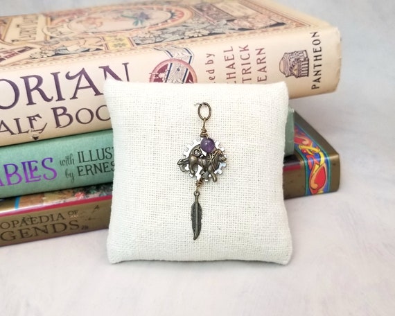 Steampunk Lion, Gear and Feather Pendant or Necklace in Purple with Choice of More Colors, Boho, Bohemian, Fantasy