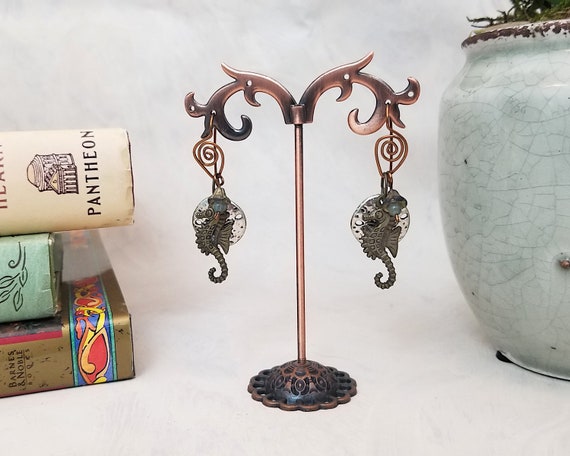 Seahorse + Sand Dollar Earrings with Handmade Ear Wires, Boho, Bohemian, Fantasy, Tropical, Beach, Ocean, Party, Fairytale
