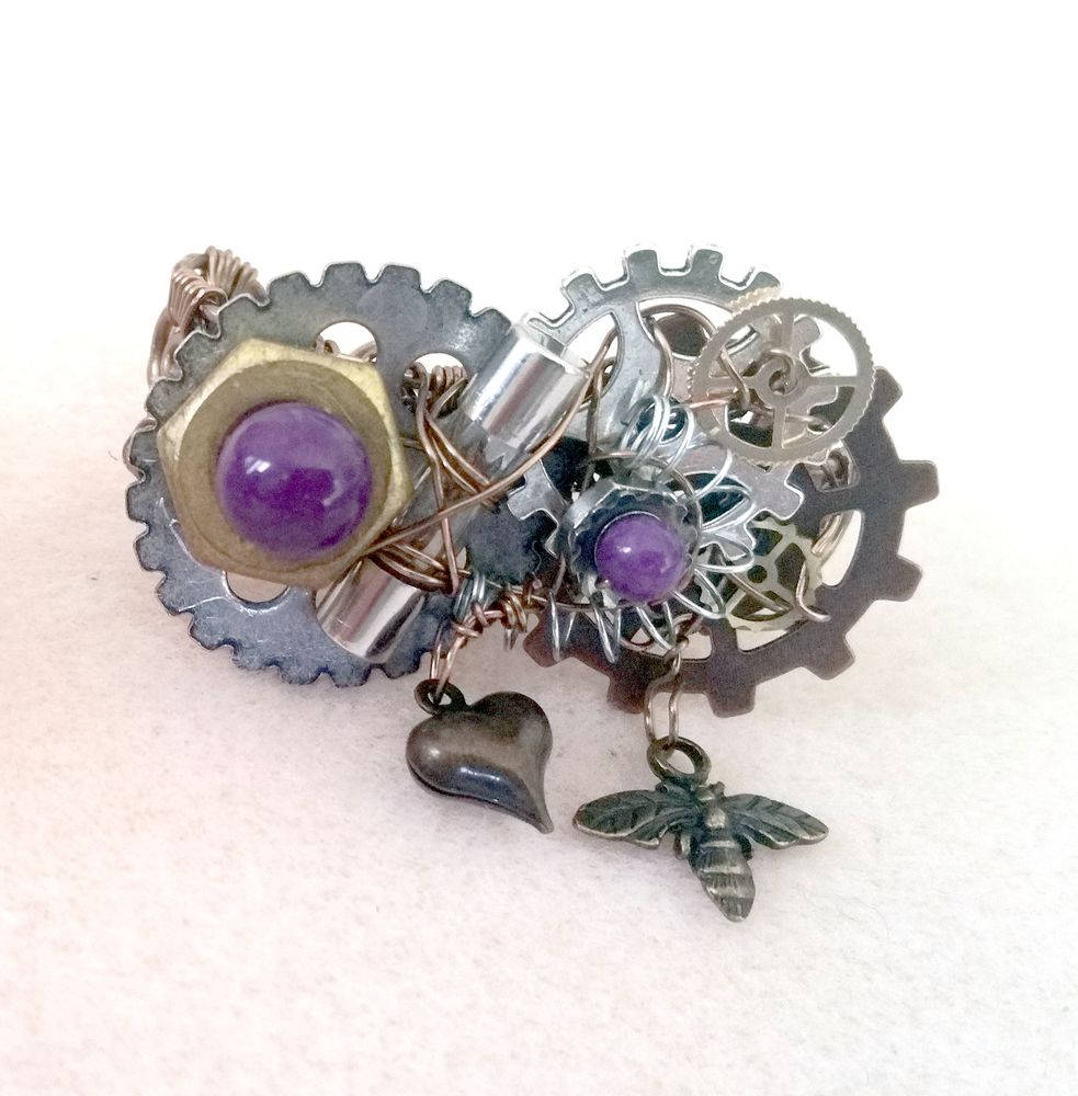 Steampunk 2-Finger Ring with Heart and Bee Dangles, Purple Accents and Real Hardware Adjustable Wire #1393