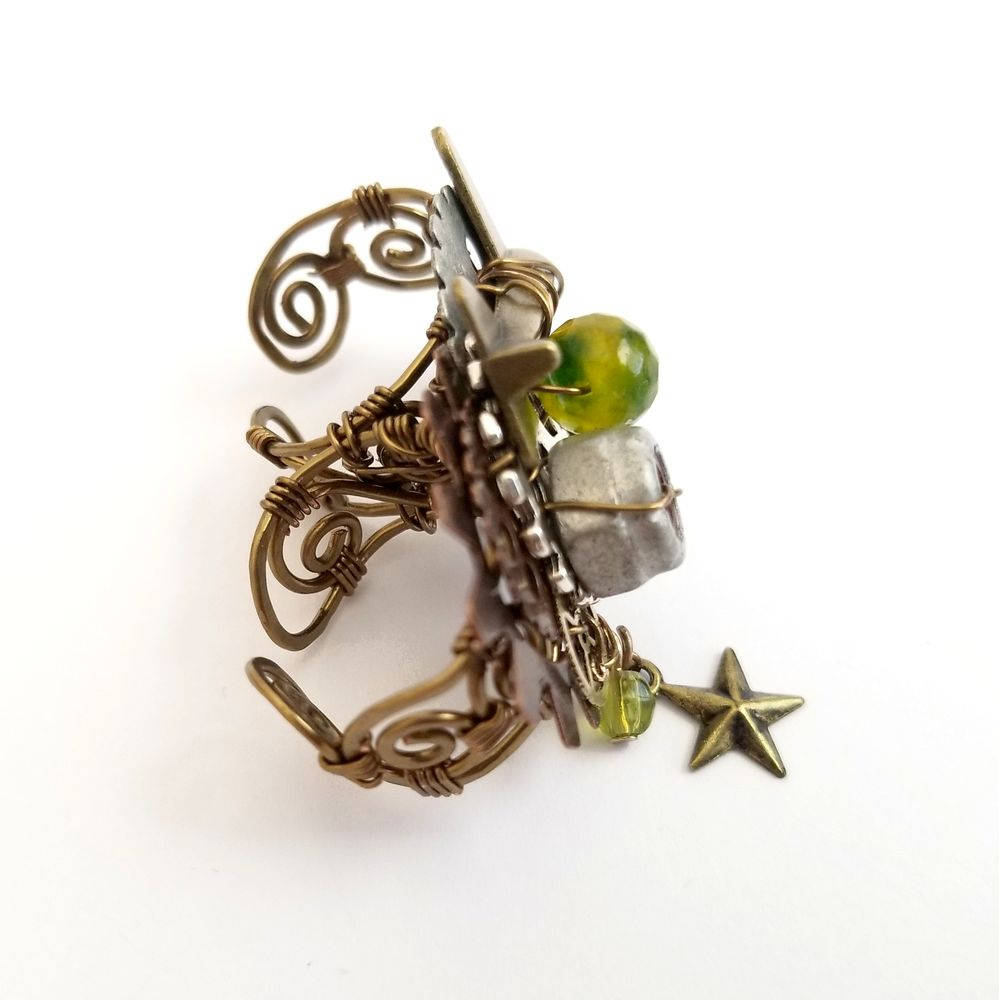 Steampunk 2-Finger Ring with Airplane, Green Accents and Real Hardware Adjustable Wire