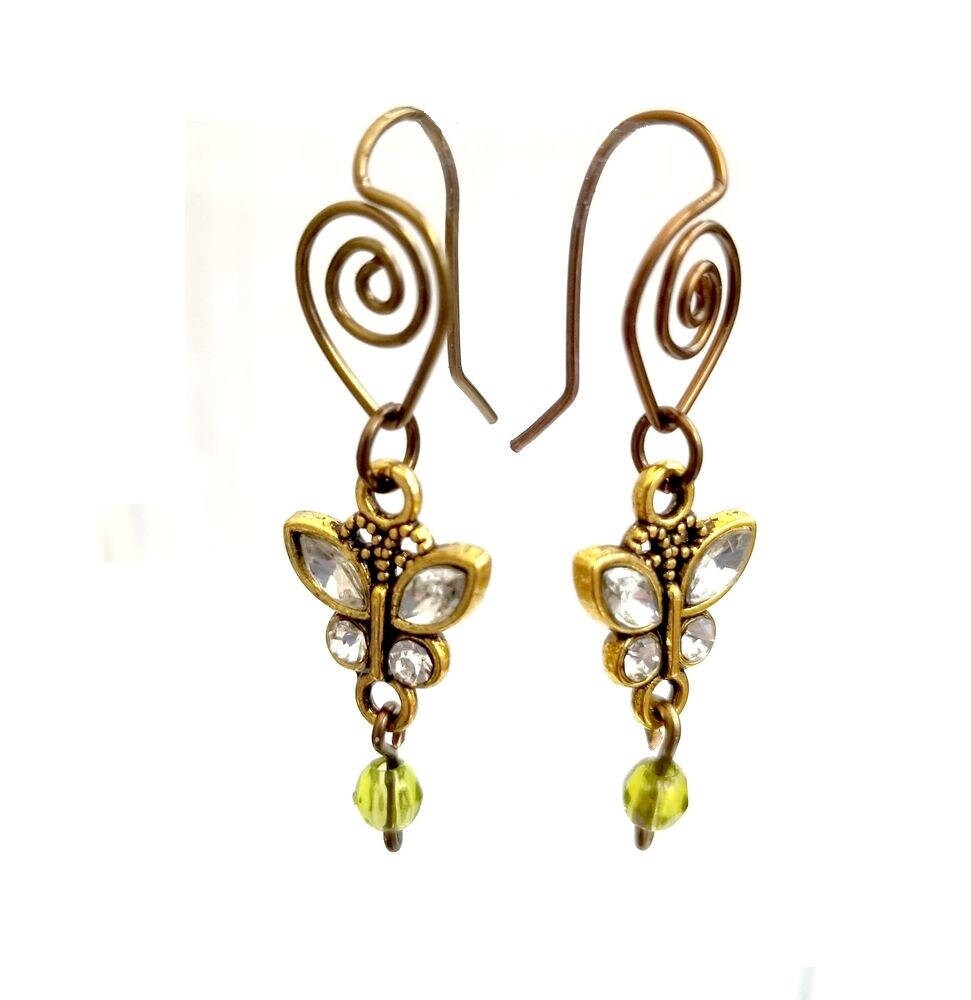 Butterfly Rhinestone Earrings with Peridot Green Glass Drops and Handmade Leaf Spiral Ear Wires #1477