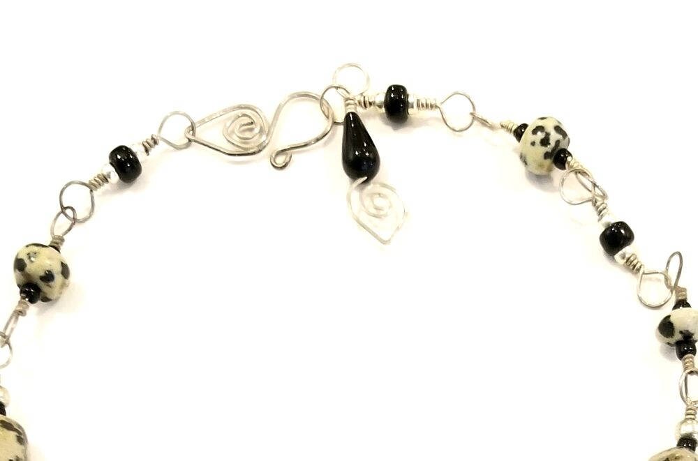 Fairytale Sterling Silver Wire Dragonfly Necklace in Black with Dalmatian Jasper, Fantasy, Adjustable Length