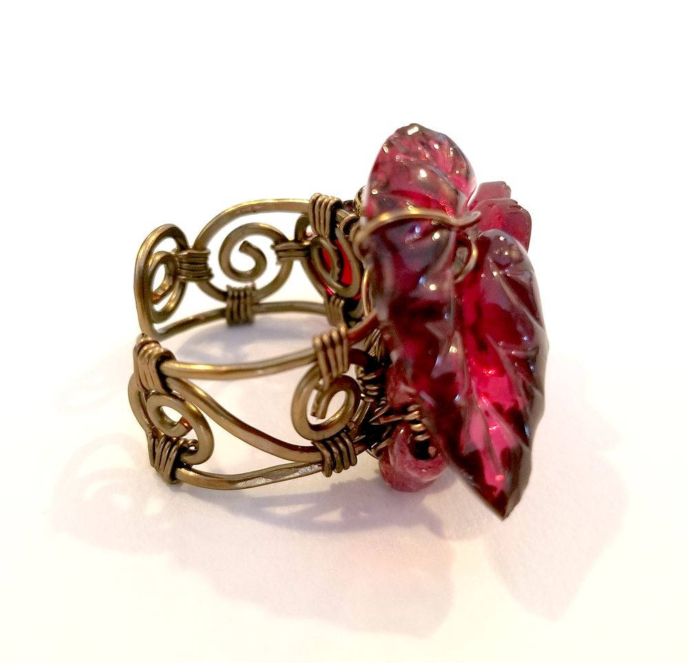Fairytale Forest Fantasy Floral Ring in Red Renaissance Adjustable Wire #1419