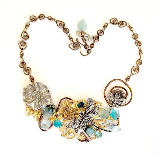 Fairytale Dragonfly Bib Statement Necklace in Aqua Teal Sky Blue Adjustable Length #1483 Fantasy Floral
