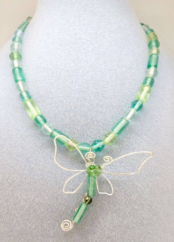 Fairytale Wire Dragonfly Necklace in Sea Green Adjustable Length #901