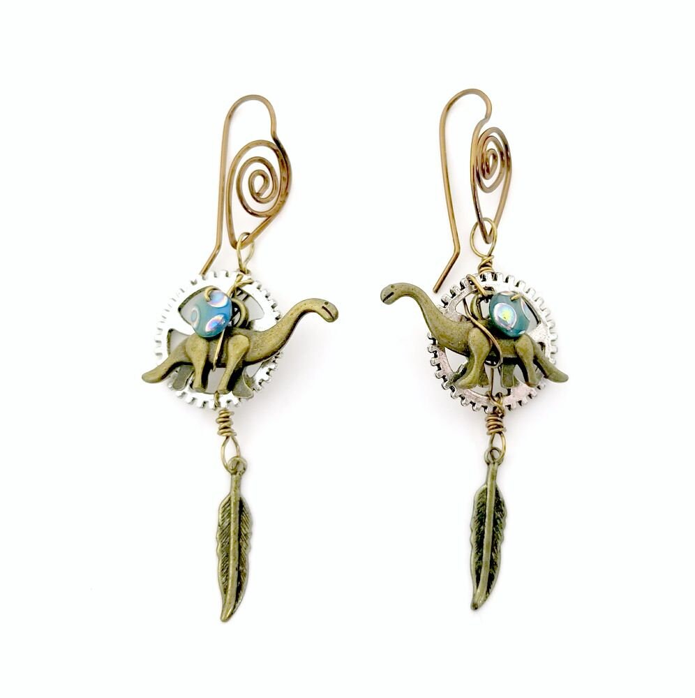 Steampunk Dinosaur Earrings in Aqua/Teal/Sky Blue
