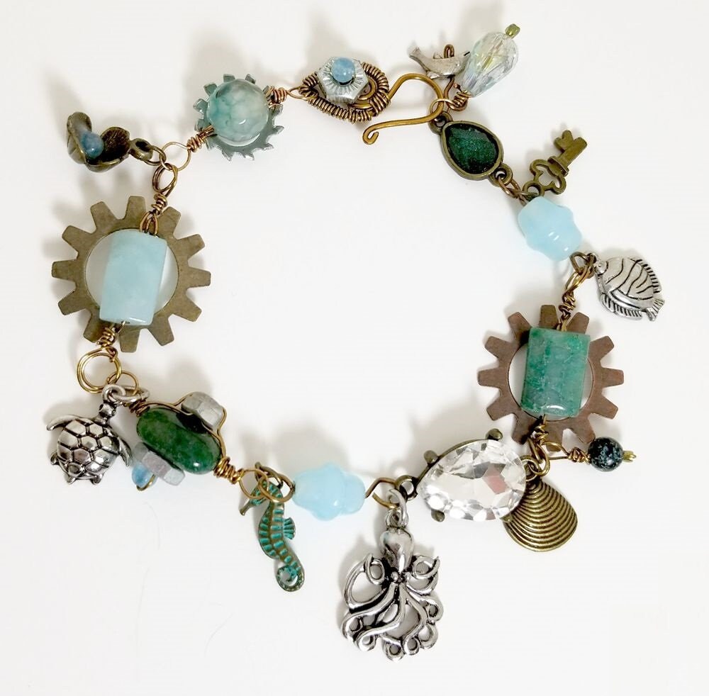 Steampunk Octopus Bracelet in Aqua/Teal/Sea Blue with Glass & Stone Beads and Real Hardware