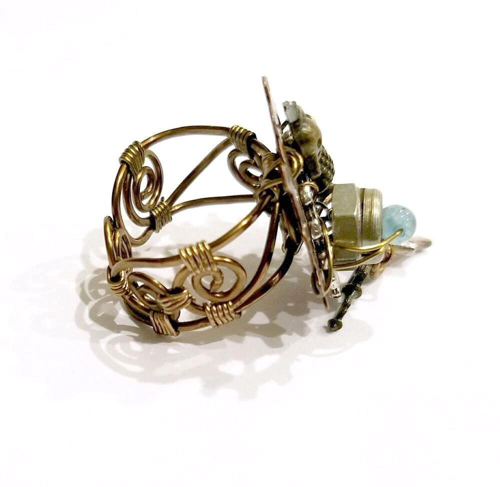 Steampunk Ring with Seahorse, Dolphin, Blue Accents and Real Hardware Adjustable #1353