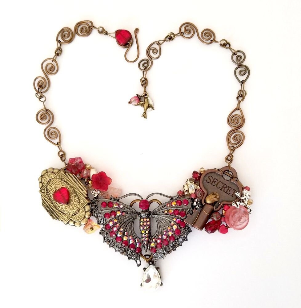 Secret Heart Flower Garden Bib Statement Necklace with Red Butterfly, Locket, Adjustable Length