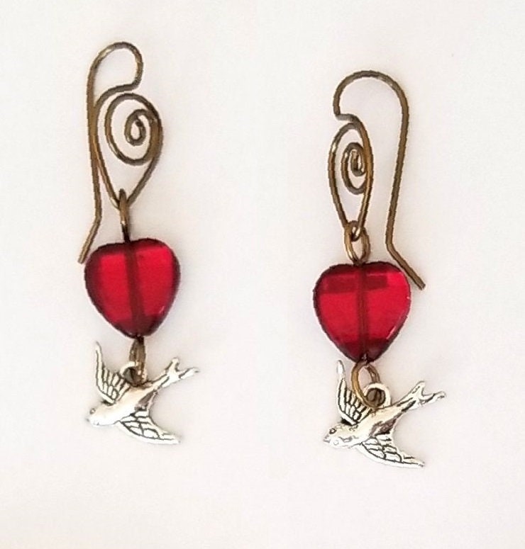 Secret Heart Bird Earrings in Red Fantasy Floral