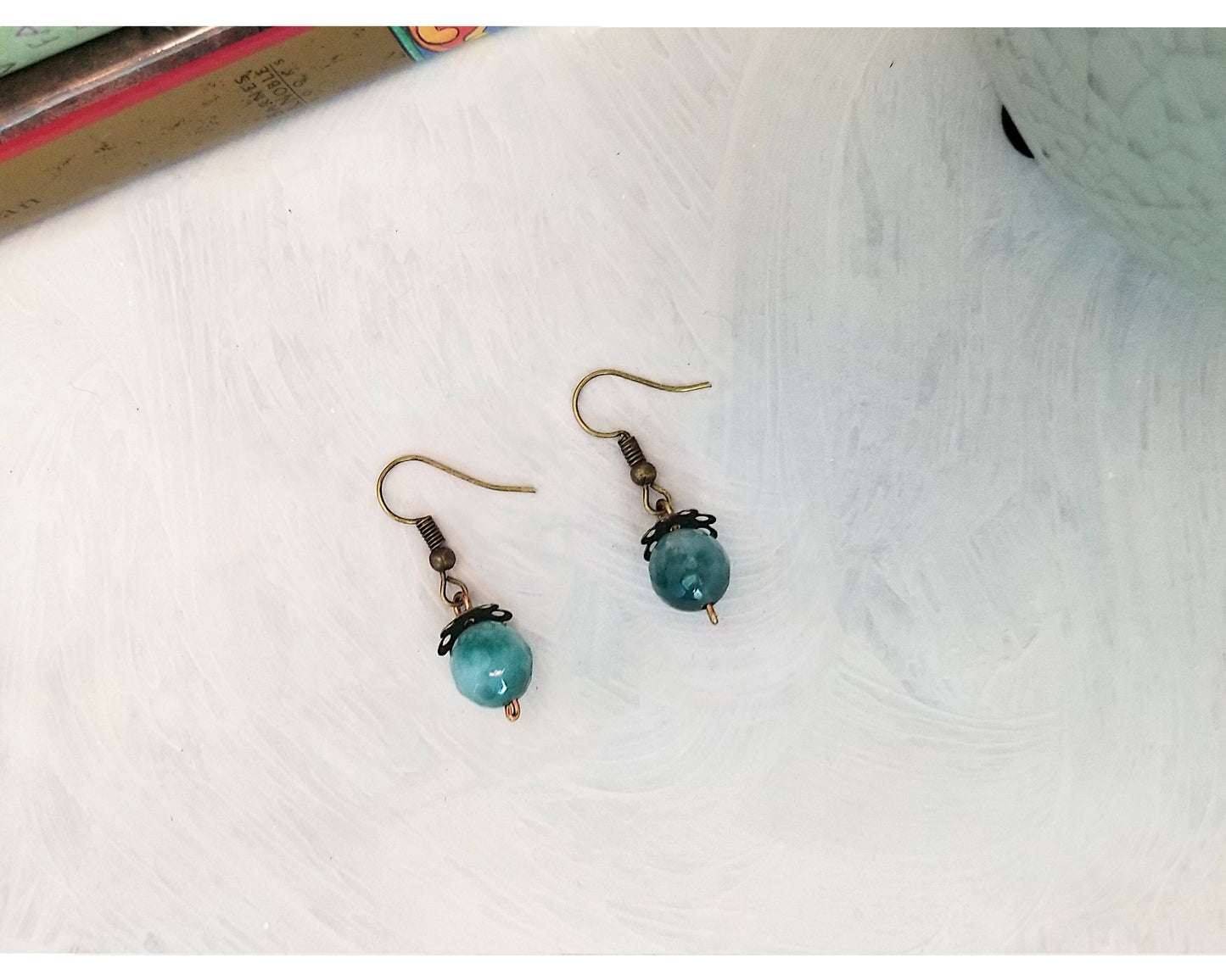 Elegant Earrings in Teal Blue Agate, Wedding, Bridesmaid, Art Nouveau, Belle Époque, Renaissance, Garden, Choice of Metals and Closure Types