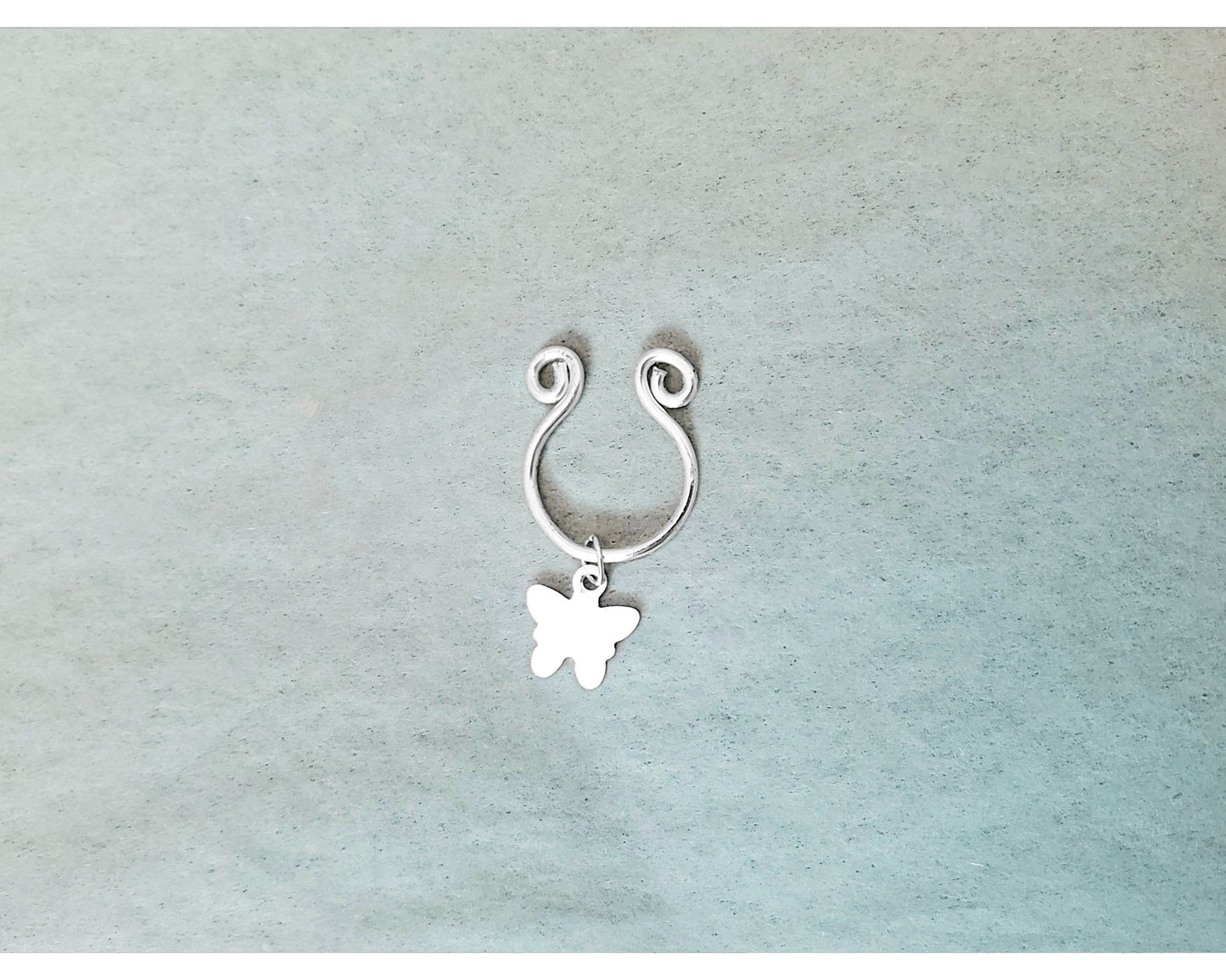 Nose Septum Ring Cuff with Dangle, Sterling Silver or Plated, FAKE, No Piercing, Adjustable, Unisex, Flower Butterfly Key Moon Star Dolphin
