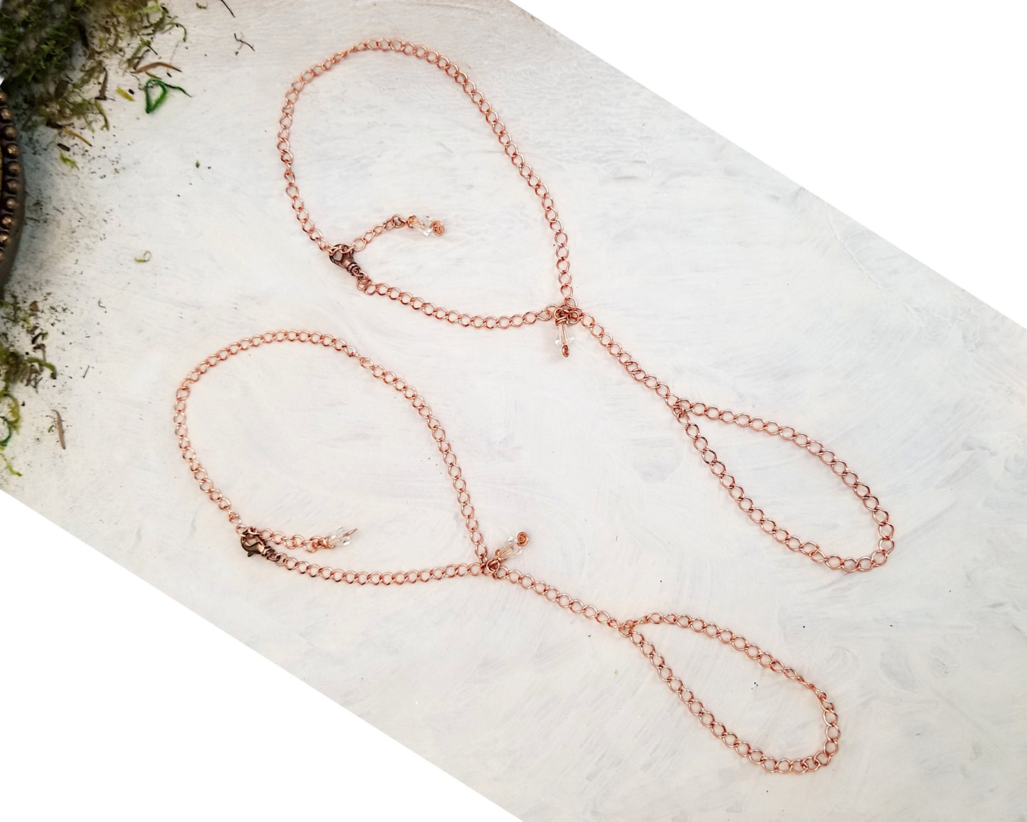Chain Barefoot Sandals, Pair, Copper, with Clear Crystals, Lobster Clasp, Adjustable
