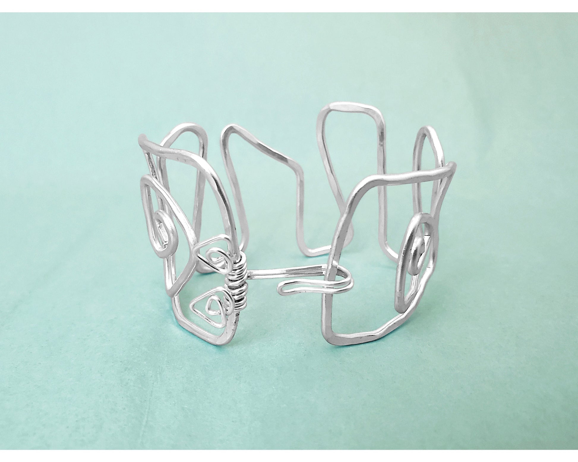 Minimalist Statement Cuff, Wonky Squared Shapes, Hammered Wire, Adjustable, Lightweight, Choice of Colors and Metals