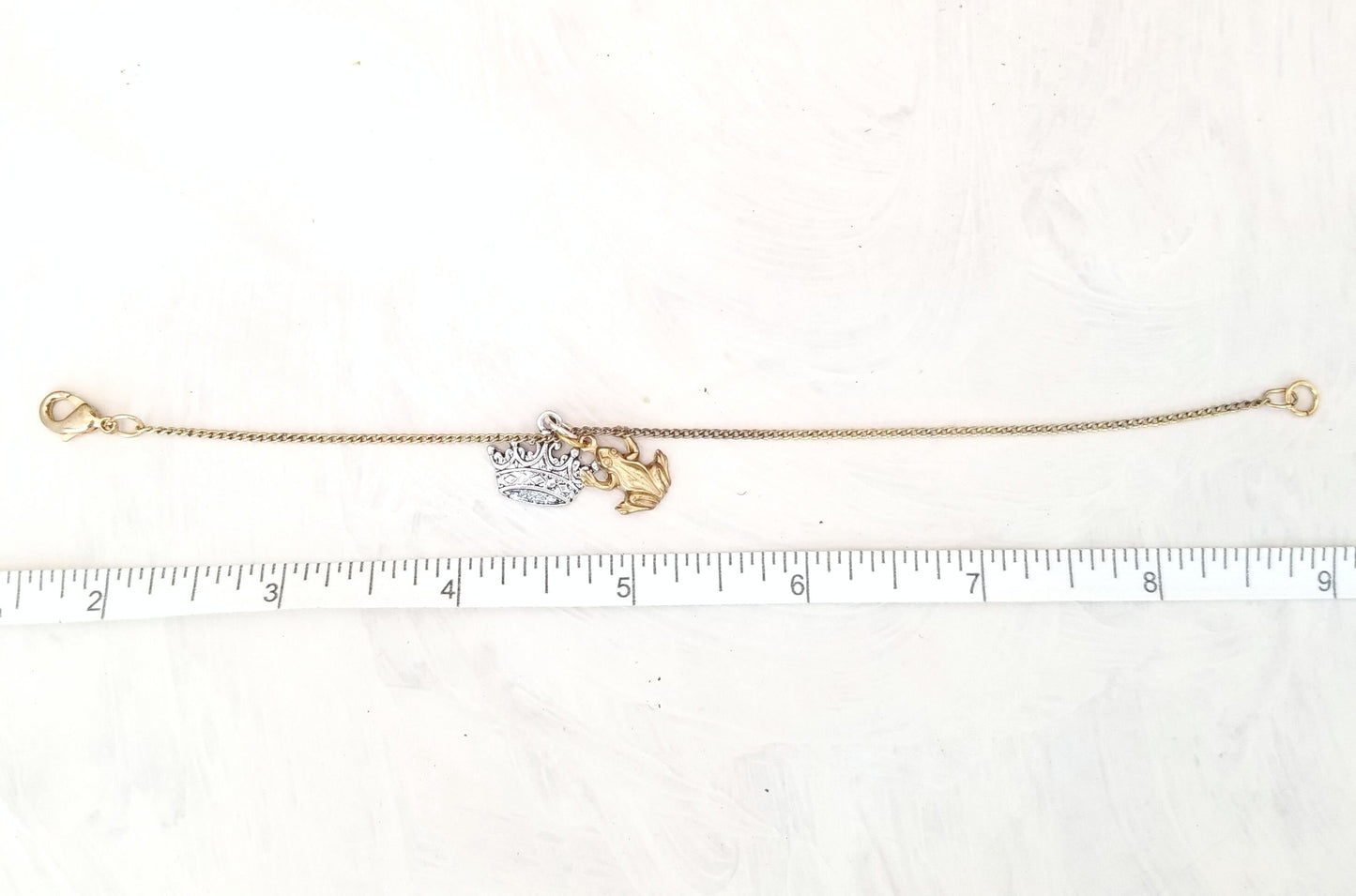 Frog Prince Fairytale Chain Bracelet, Antique Gold Color, with Brass Frog + Silver Crown, Lobster Clasp, 7.5 inches, 19 cm, Minimalist