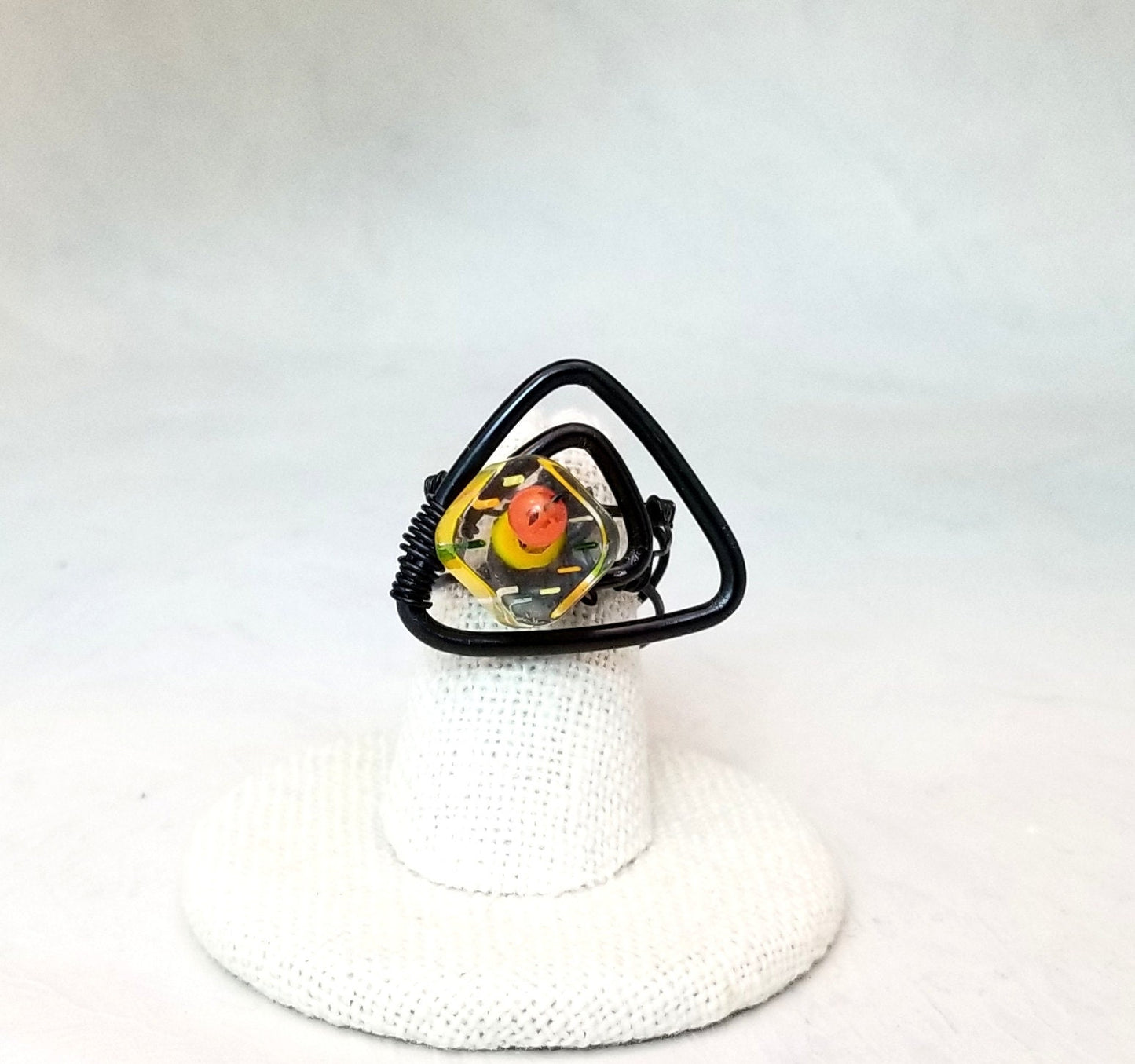 Handmade Wire Statement Ring, Adjustable, Modern Style, Black + Orange + Yellow