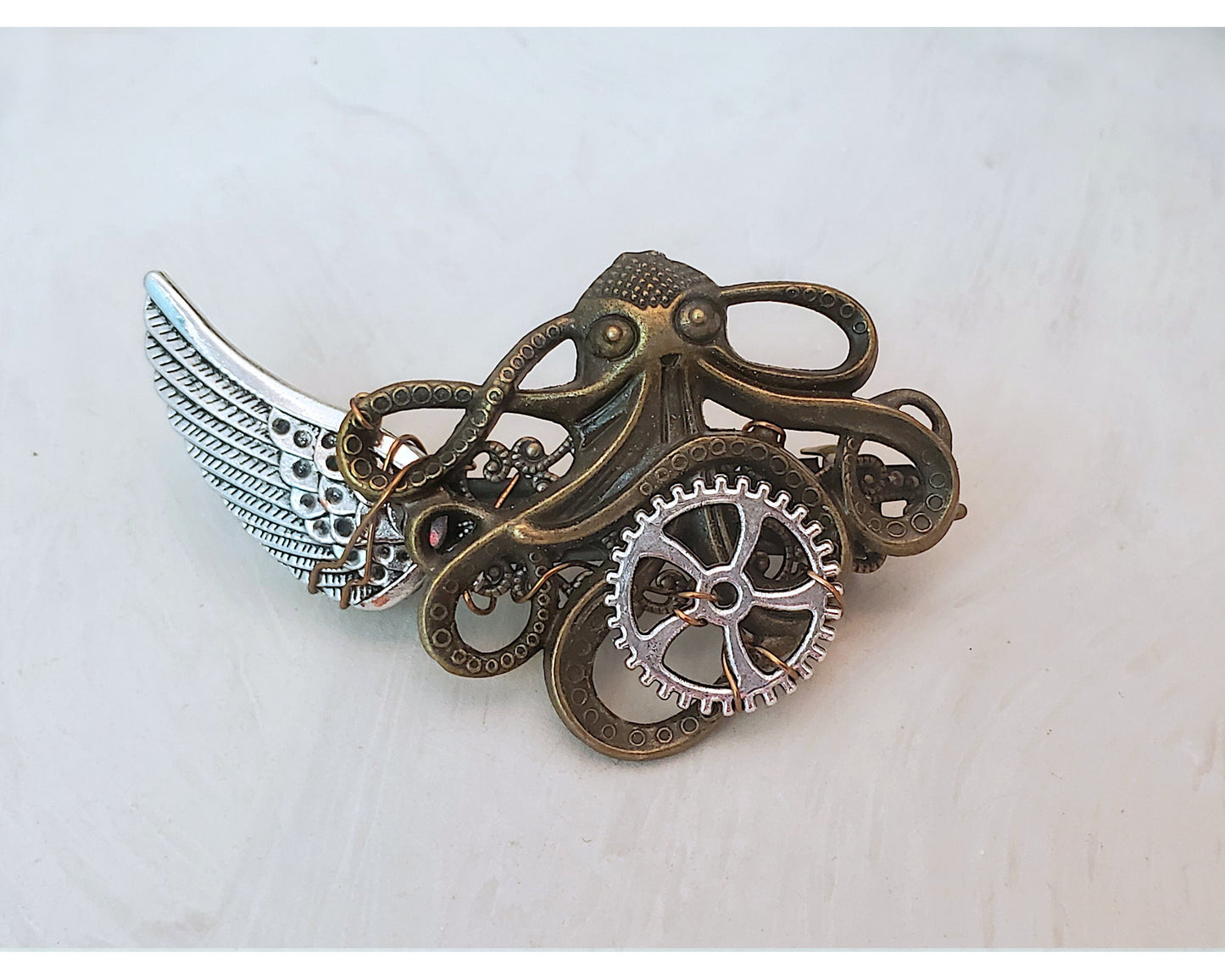 Wire Wrapped Steampunk Octopus Barrette, Wing, Gear, Boho, Bohemian, Bridesmaid, Wedding
