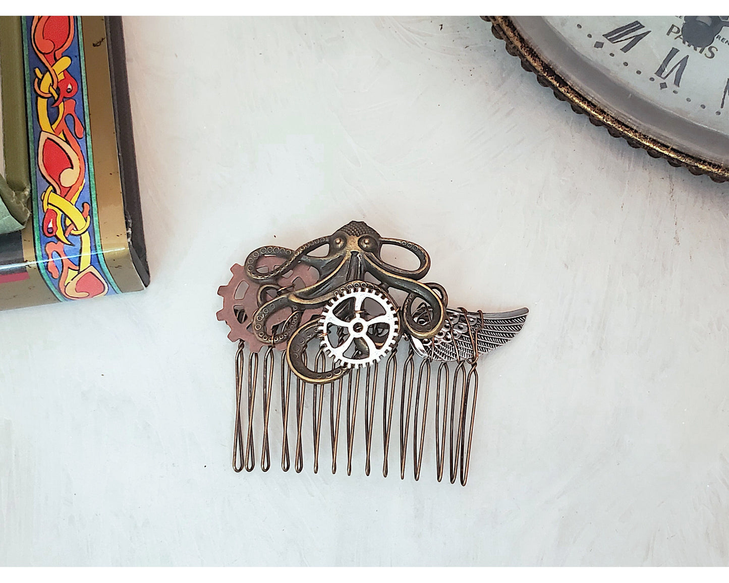 Wire Wrapped Steampunk Octopus Comb, Wing, Gear, Boho, Bohemian, Bridesmaid, Wedding, Party