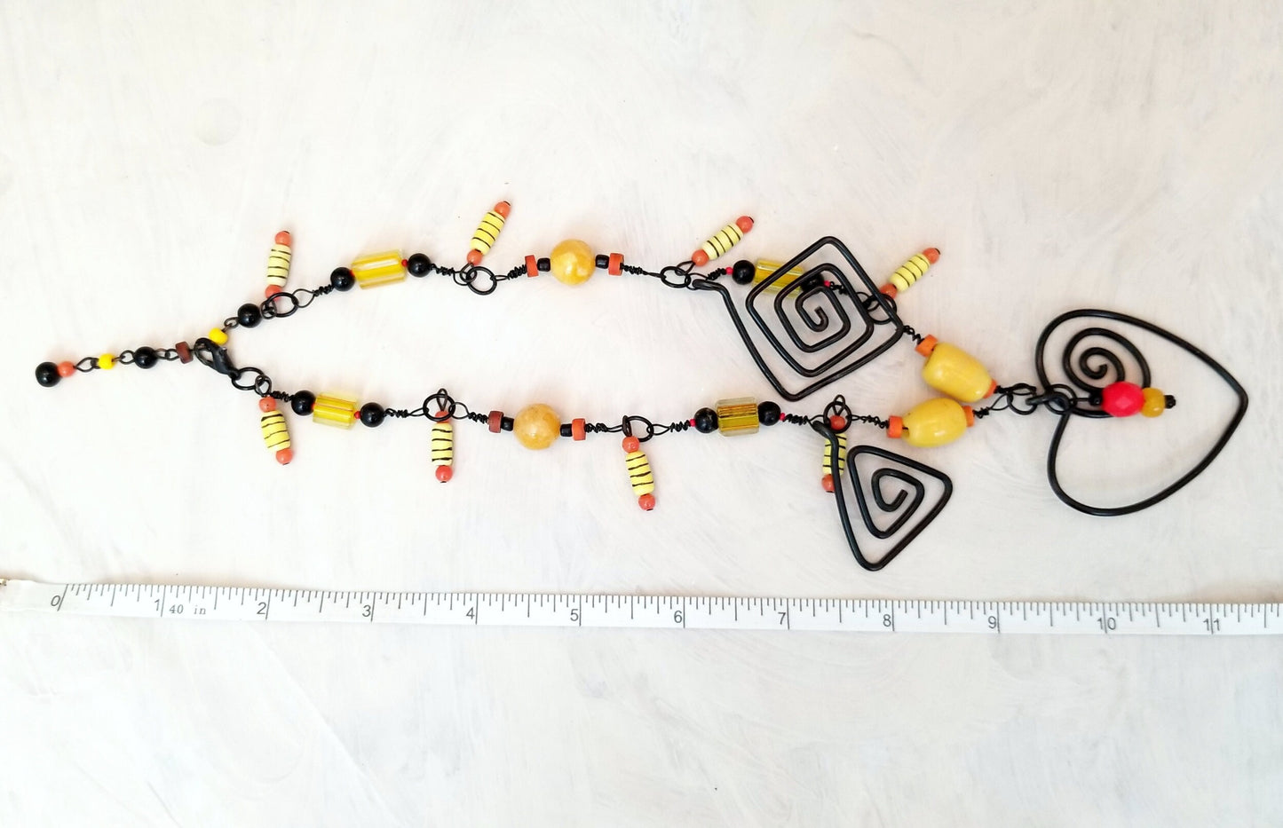 Modern Style Wire Wrapped Necklace in Black, Yellow and Orange, Adjustable, 20" (51 cm), Custom Length Upon Request