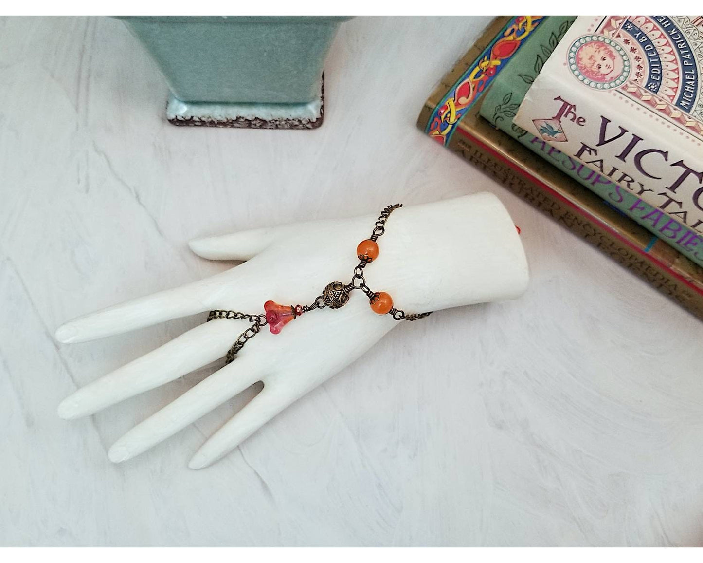 Wire Wrapped Hand Flower Bracelet in Orange, Boho, Bohemian, Gypsy, Wedding, Bridesmaid, Renaissance, Medieval, Choice of Colors and Metals