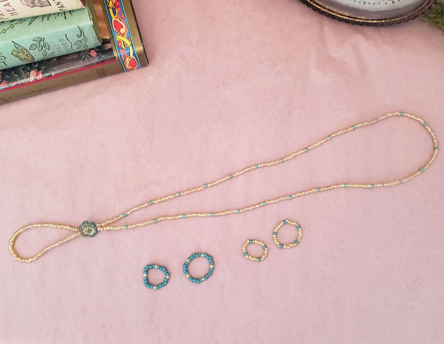 Elastic Beaded Barefoot Sandal or Hand Flower in Frosted Gold + Teal/Blue/Green, Boho, Bohemian, Gypsy, Wedding, Bridesmaid, Matte Beads