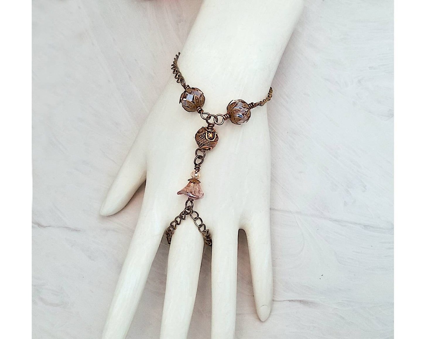 Wire Wrapped Hand Flower Bracelet in Champagne, Boho, Bohemian, Gypsy, Wedding, Bridesmaid, Renaissance,Medieval,Choice of Colors and Metals