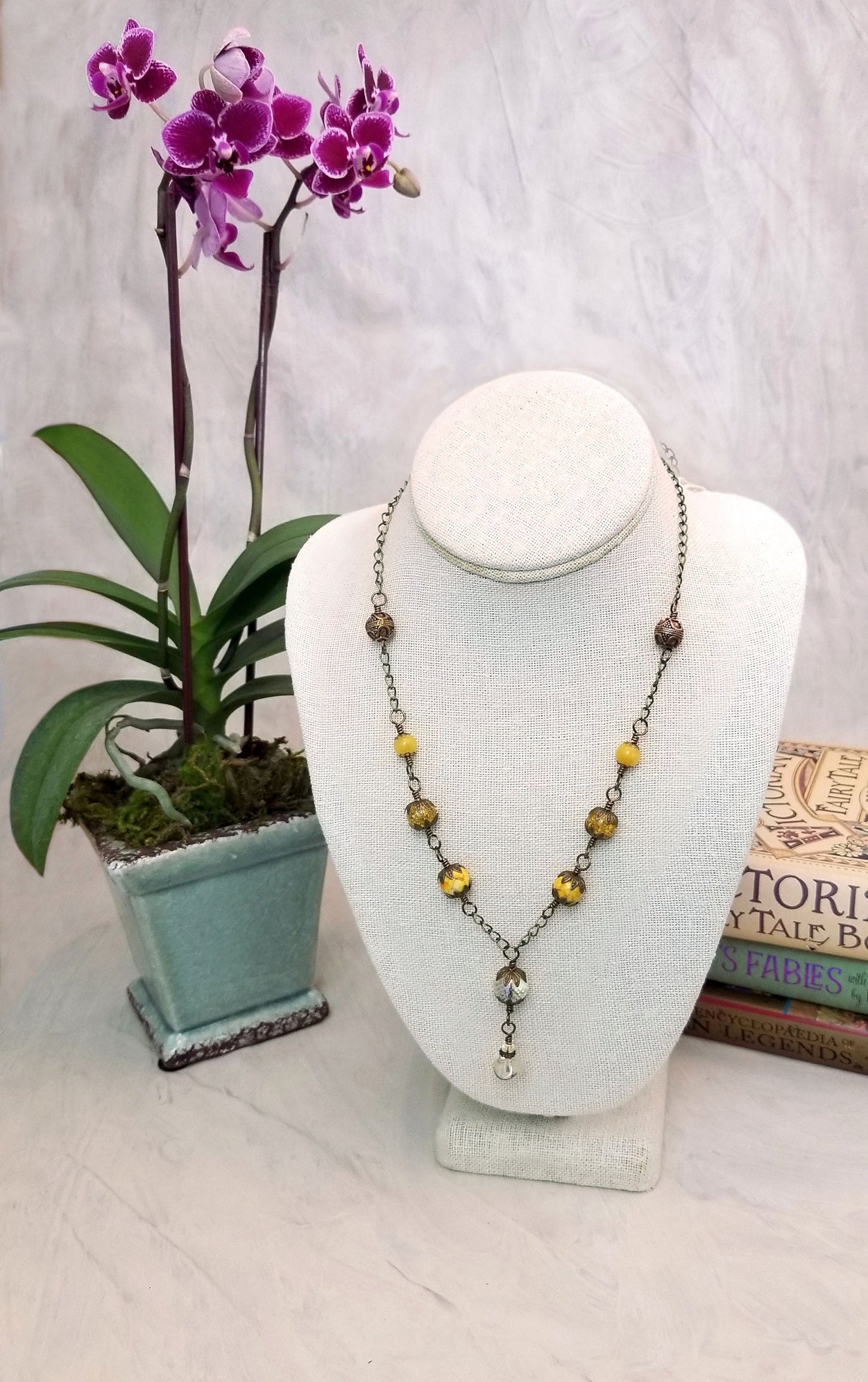 Wire Wrapped Necklace in Yellow, Boho, Bohemian, Gypsy, Wedding, Bridesmaid, Renaissance, Medieval, Choice of Colors and Metals