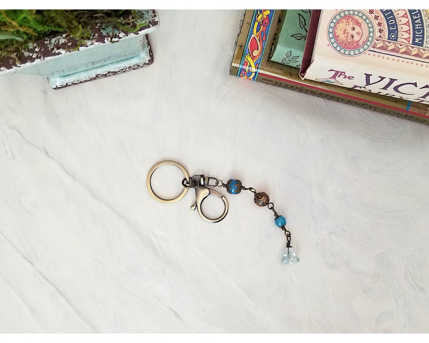 Key Ring with Wire Wrapped Fob in Aqua Blue, Garden, Party, Renaissance, Medieval, Fairytale, Choice of Colors and Metals