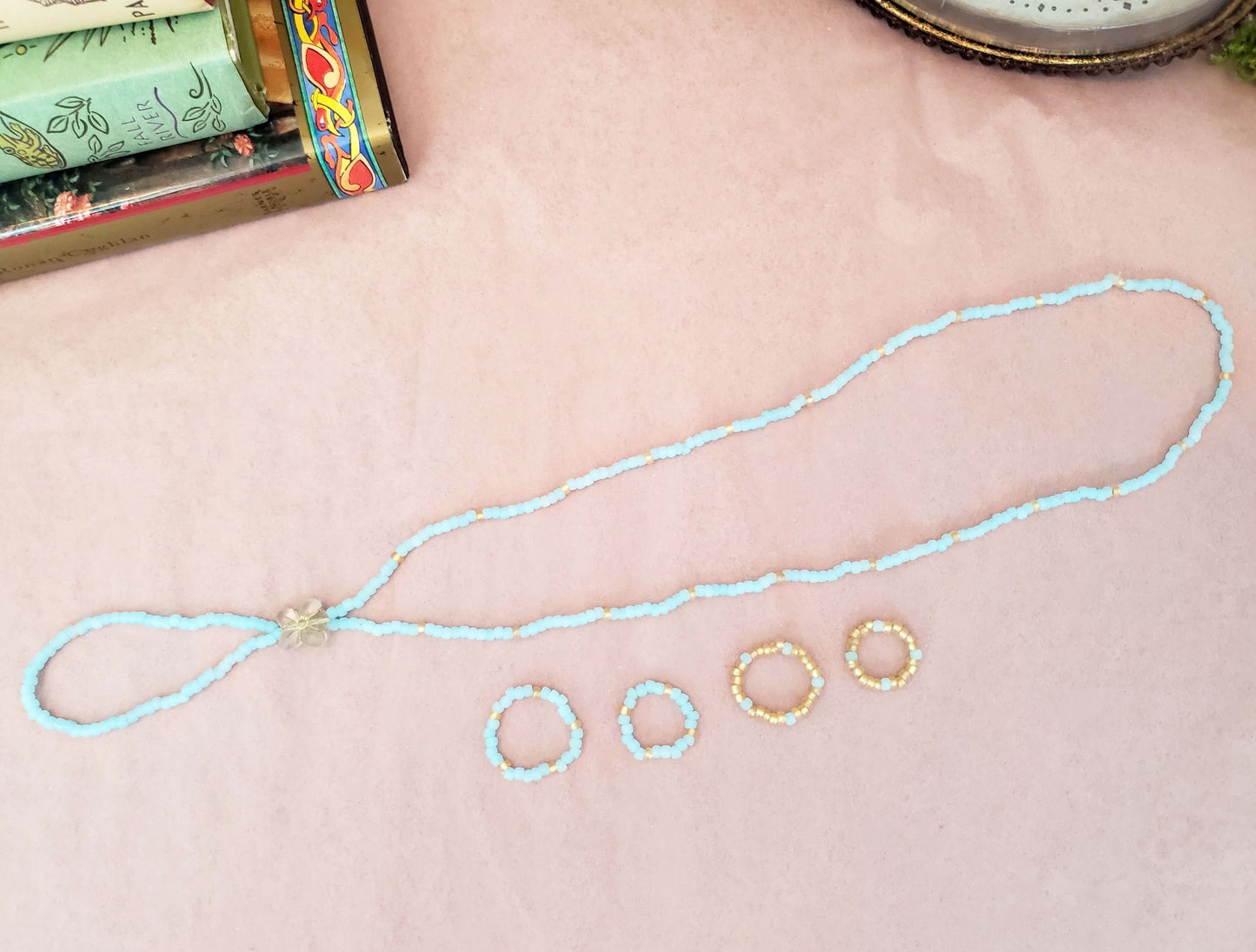 Elastic Beaded Barefoot Sandal or Hand Flower in Light Aqua Blue + Gold, Boho, Bohemian, Gypsy, Wedding, Bridesmaid, Matte Beads