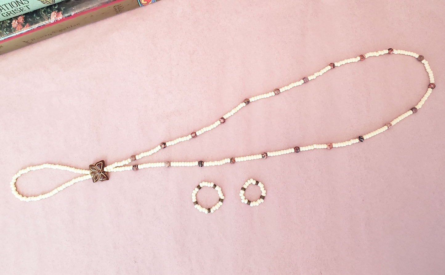 Elastic Beaded Barefoot Sandal or Hand Flower in Brown + Cream with Butterfly, Boho, Bohemian, Gypsy, Wedding, Bridesmaid, Matte Beads