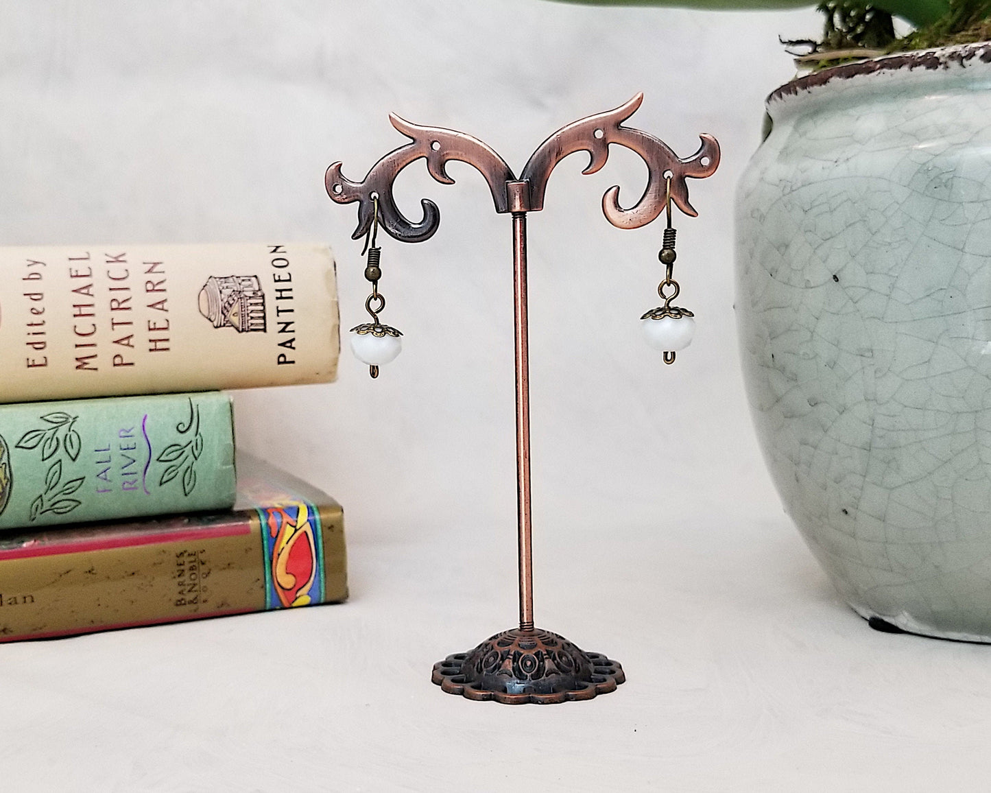 Elegant Earrings in Opaque White, Wedding, Bridesmaid, Art Nouveau, Belle Époque, Renaissance, Garden, Choice of Metals and Closure Types