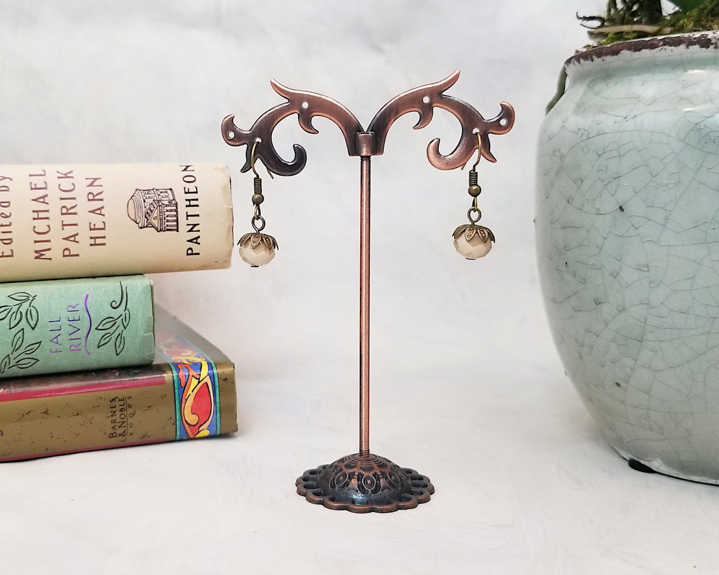 Elegant Earrings in Beige, Wedding, Bridesmaid, Art Nouveau, Belle Époque, Renaissance, Garden, Choice of Metals and Closure Types