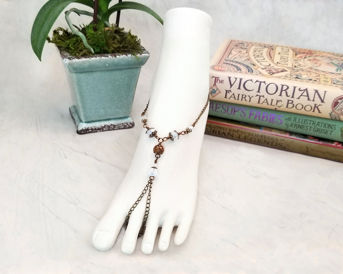 Wire Wrapped Barefoot Sandal Anklet in White, Boho, Bohemian, Gypsy, Wedding, Bridesmaid, Renaissance, Medieval, Choice of Colors and Metals