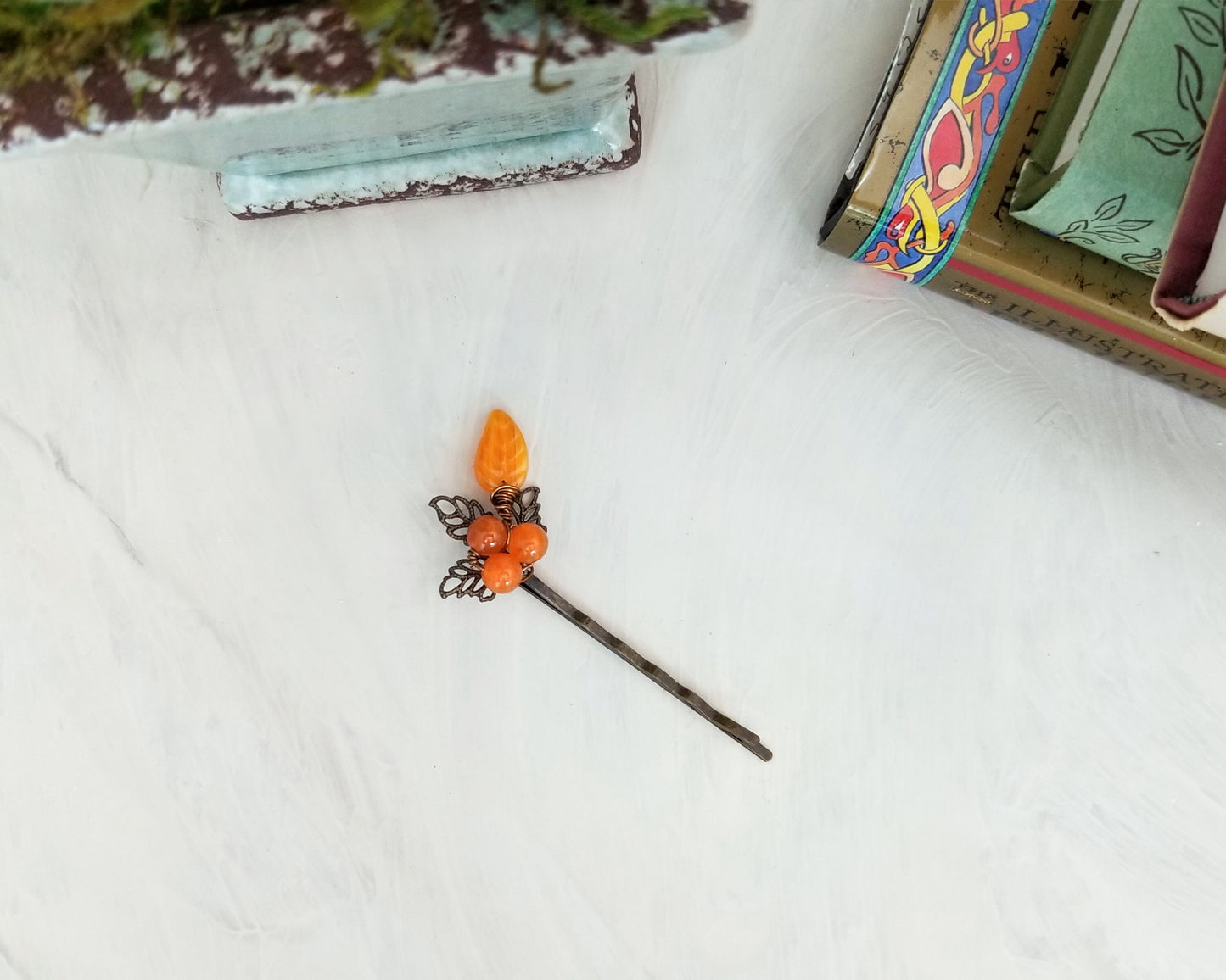 Wire Wrapped Beaded Bobby Pin / Hair Pin in Orange, Bridesmaid, Wedding, Floral, Garden, Party, Boho, Bohemian, Choice of Colors and Metals