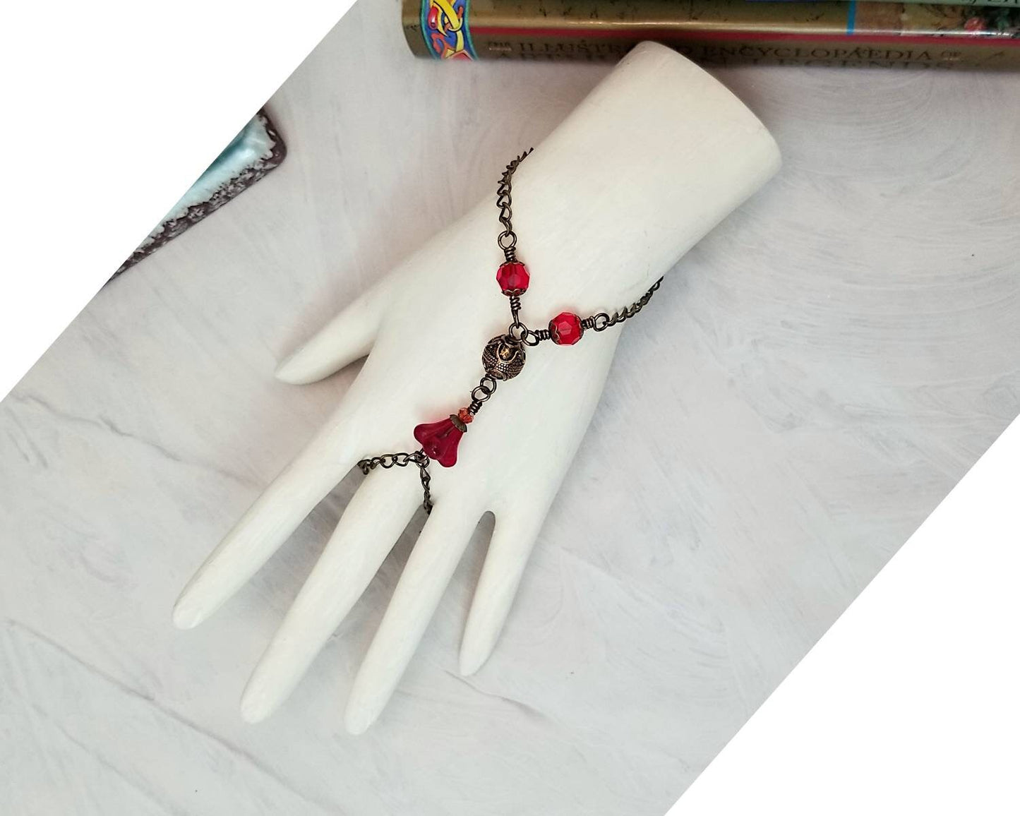 Wire Wrapped Hand Flower Bracelet in Red, Boho, Bohemian, Gypsy, Wedding, Bridesmaid, Renaissance, Medieval, Choice of Colors and Metals