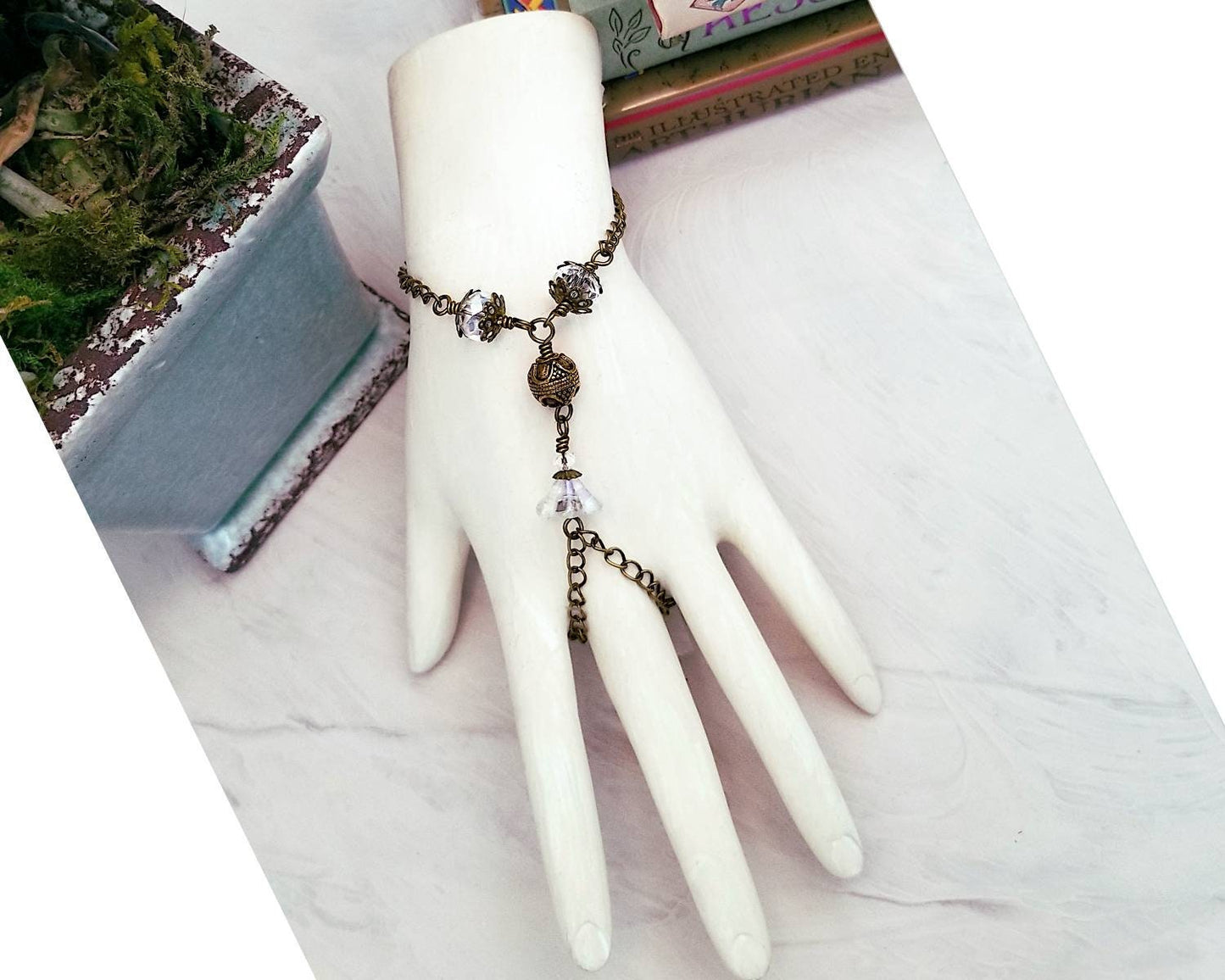 Wire Wrapped Hand Flower Bracelet in Clear, Boho, Bohemian, Gypsy, Wedding, Bridesmaid, Renaissance, Medieval, Choice of Colors and Metals