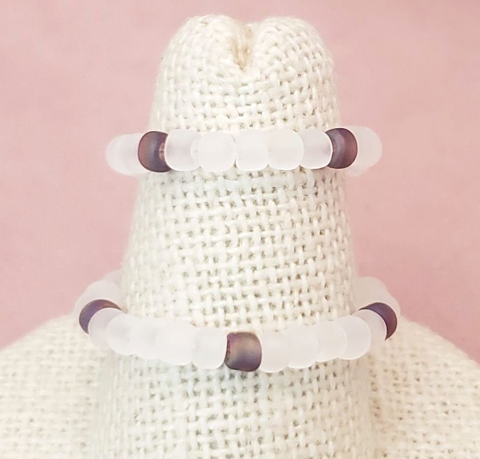 Elastic Rings in Earthy Purple + Cream + Clear, Set of 2, Simple, Boho, Bohemian, Minimalist, Stackable, Choice of Colors, Group AA