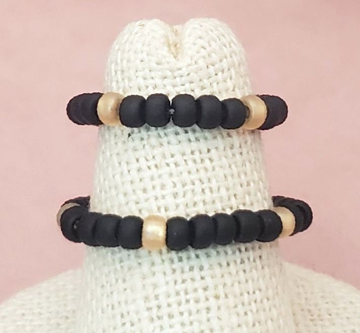 Elastic Rings in Earthy Khaki Green + Gold + Black, Set of 2, Simple, Boho, Bohemian, Minimalist, Stackable, Choice of Colors, Group DD