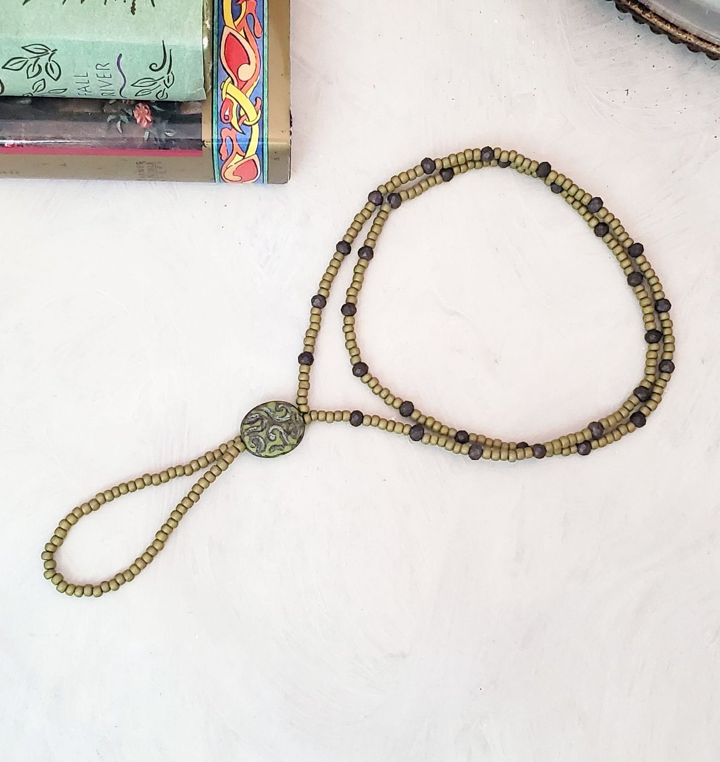 Elastic Beaded Barefoot Sandal or Hand Flower in Earthy Golden Olive Green + Lava Brown, Boho, Bohemian, Gypsy, Wedding, Bridesmaid