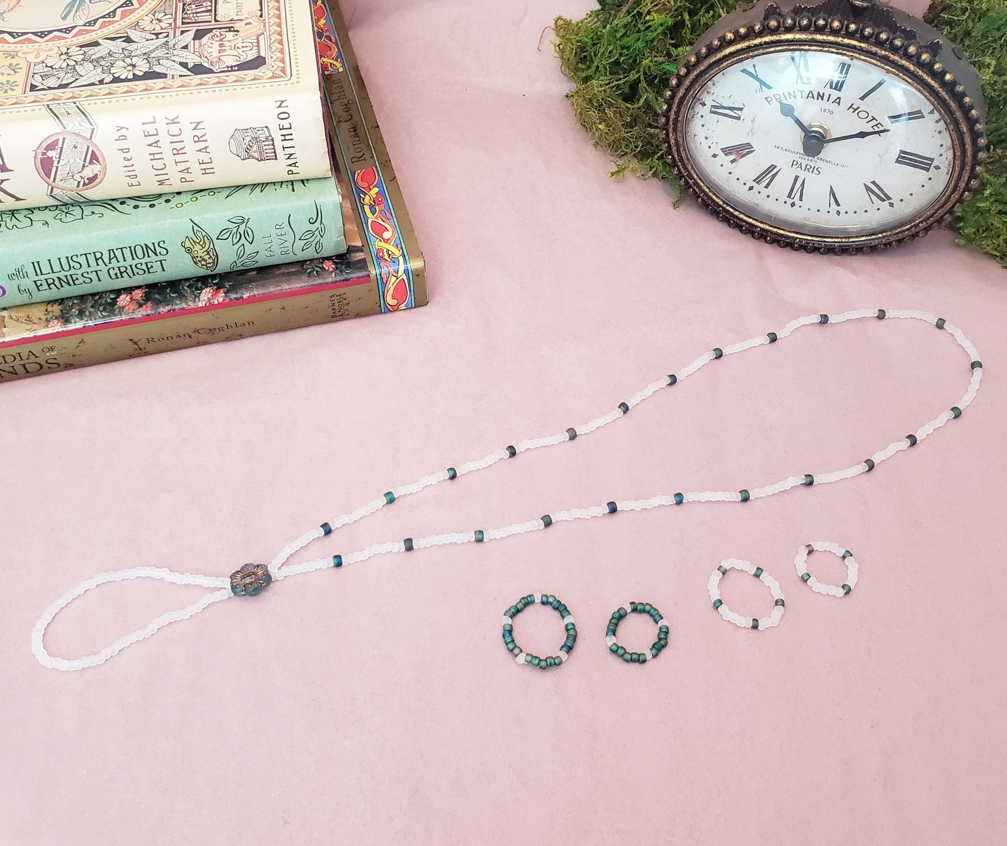 Elastic Beaded Barefoot Sandal or Hand Flower in Frosted Clear + Teal/Blue/Green, Boho, Bohemian, Gypsy, Wedding, Bridesmaid, Matte Beads