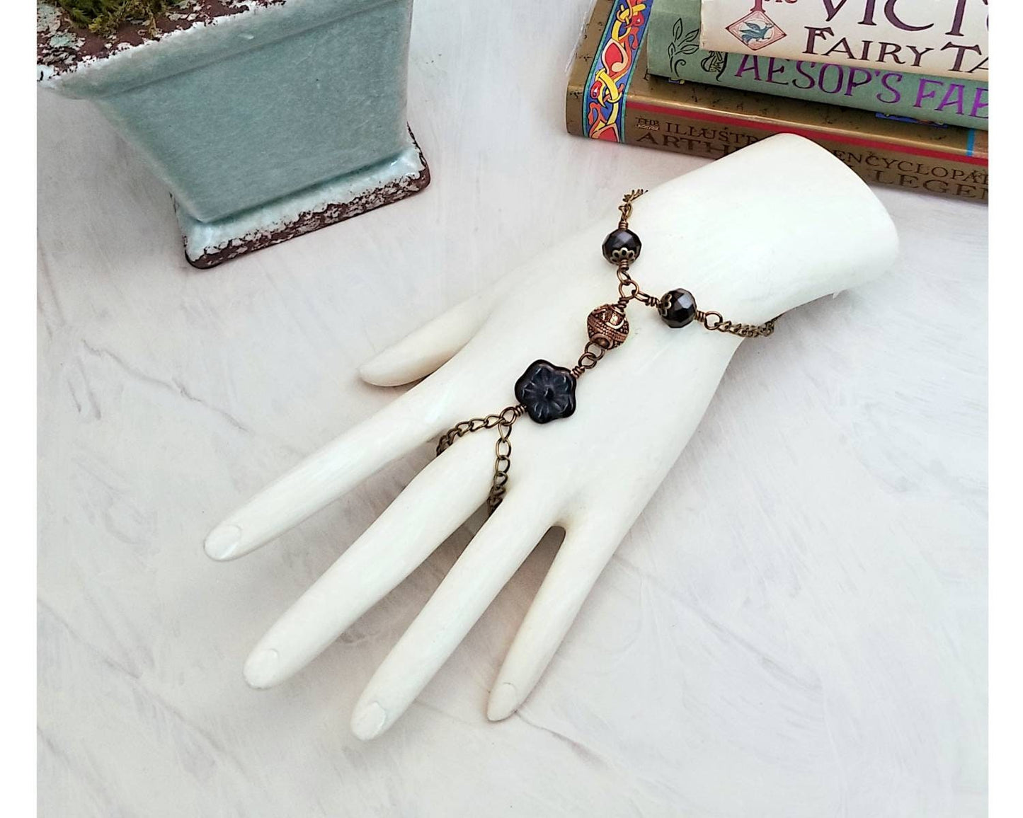 Wire Wrapped Hand Flower Bracelet in Black, Boho, Bohemian, Gypsy, Wedding, Bridesmaid, Renaissance, Medieval, Choice of Colors and Metals