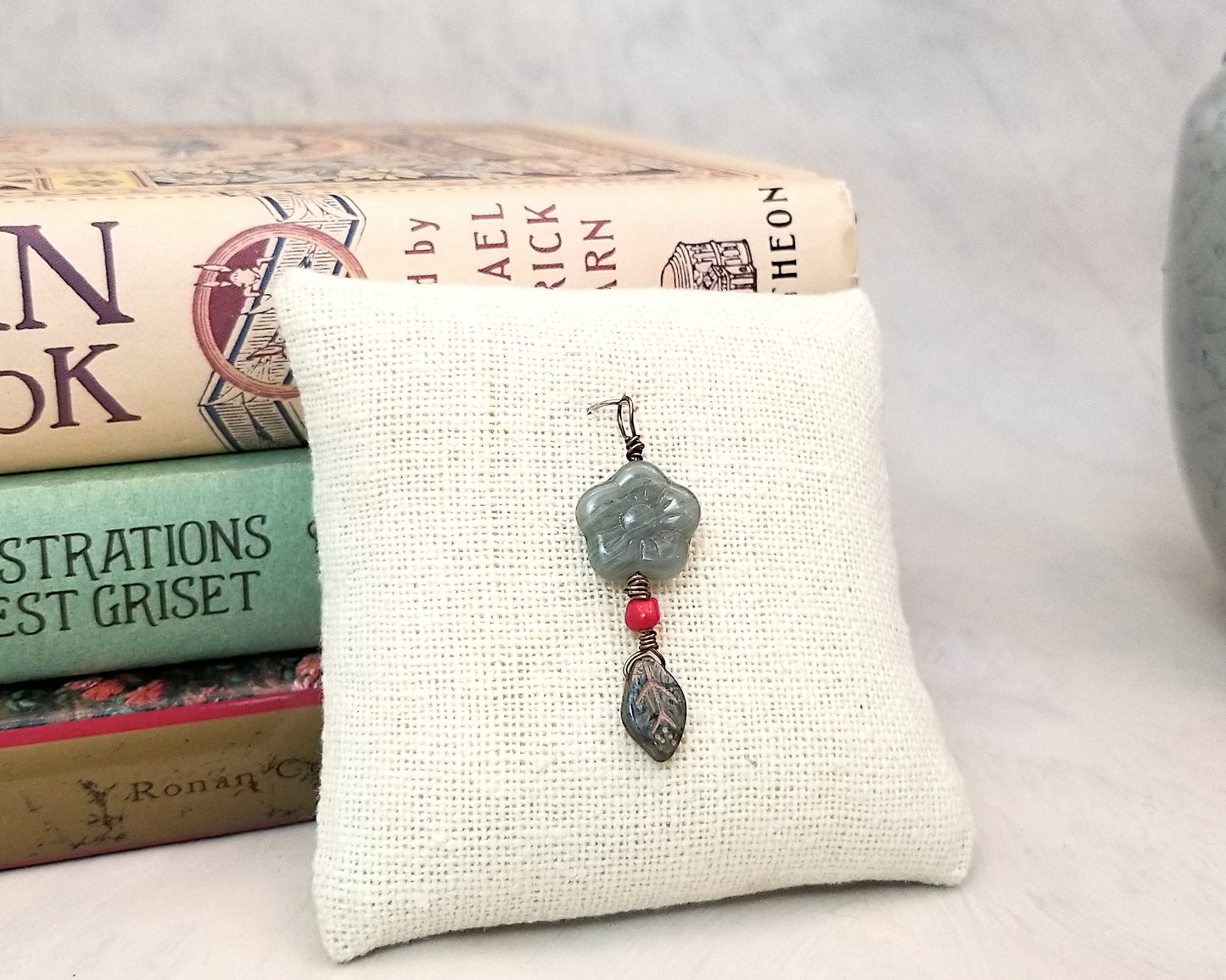 Glass Flower and Leaf Pendant or Necklace in Green, Boho, Bohemian, OOAK Handmade