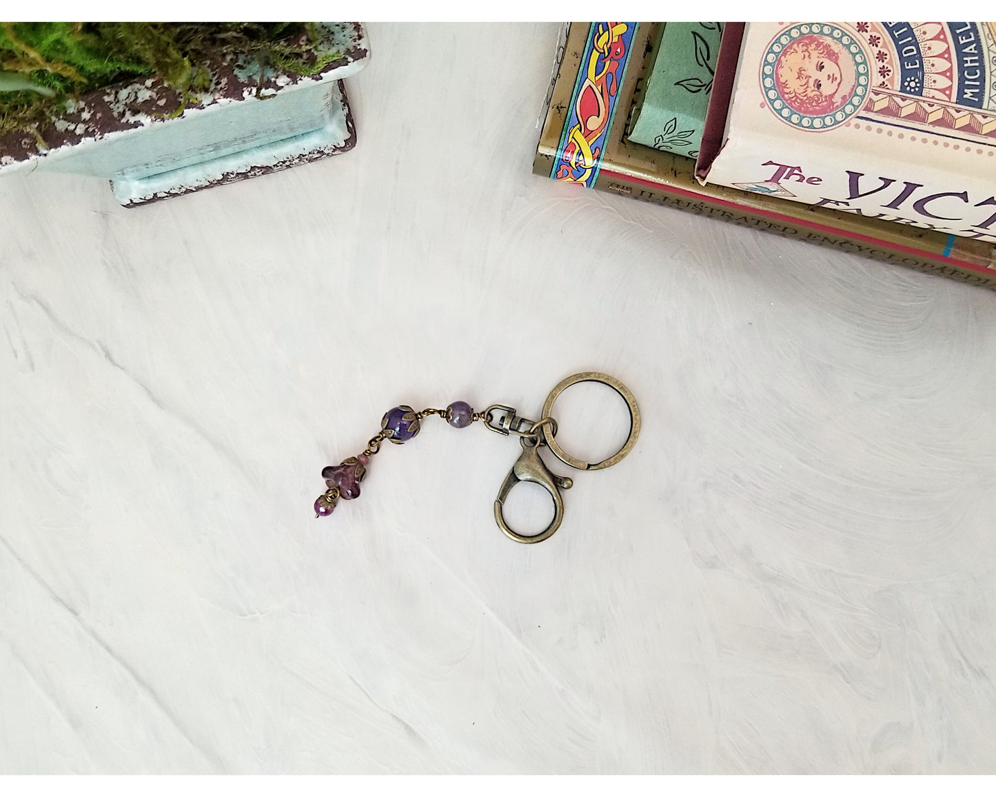 Key Ring with Wire Wrapped Fob in Purple, Garden, Party, Renaissance, Medieval, Fairytale, Choice of Colors and Metals