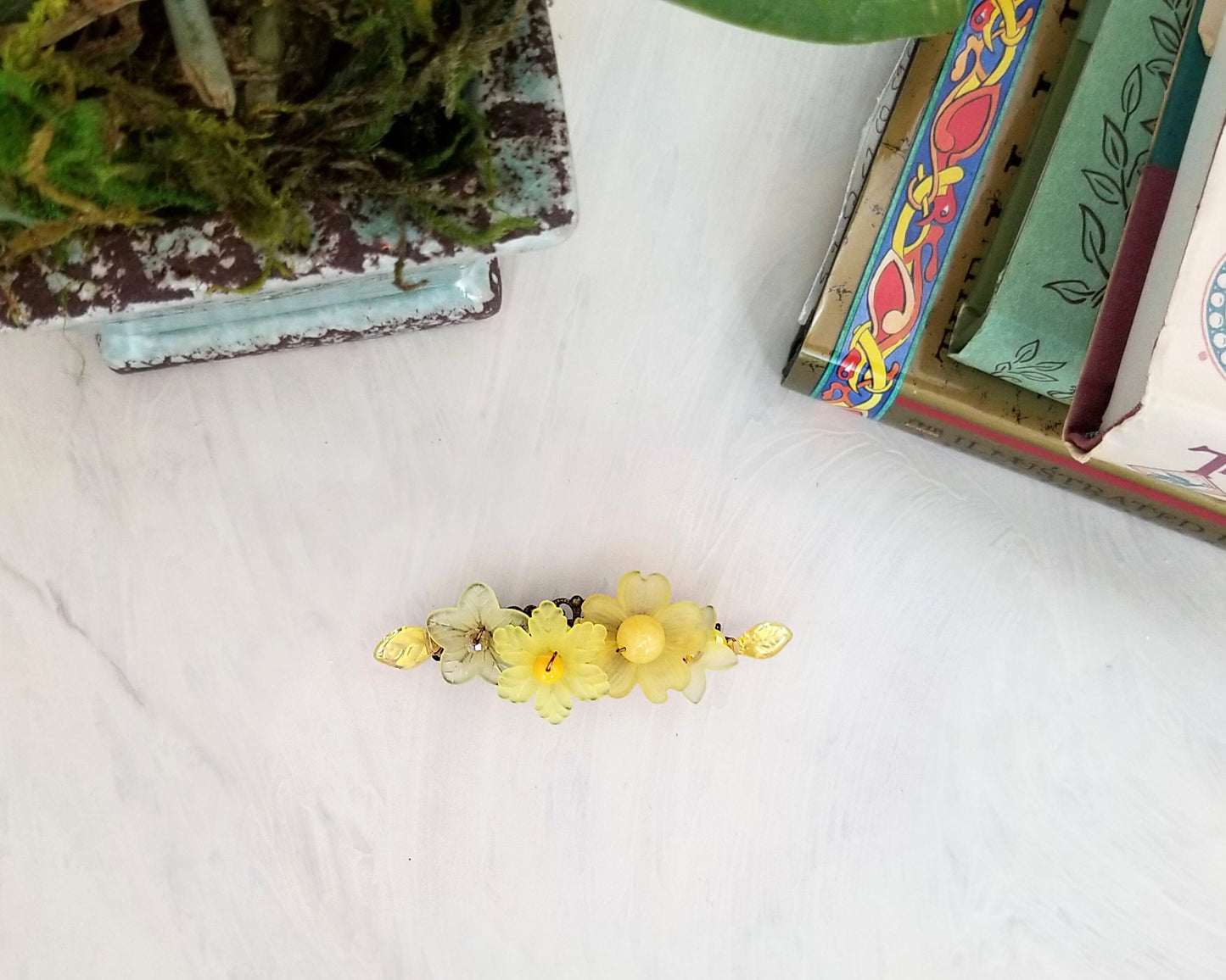 Wire Wrapped Lucite Flower Barrette in Yellow, Bridesmaid, Wedding, Floral, Garden, Boho, Bohemian, Choice of Colors and Metals