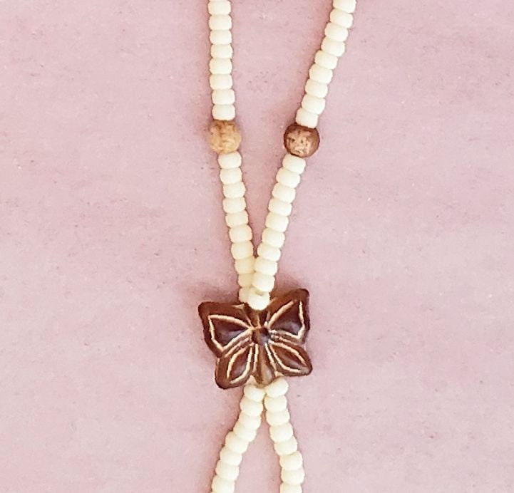 Elastic Beaded Barefoot Sandal or Hand Flower in Brown + White with Butterfly, Boho, Bohemian, Gypsy, Wedding, Bridesmaid, Matte Beads