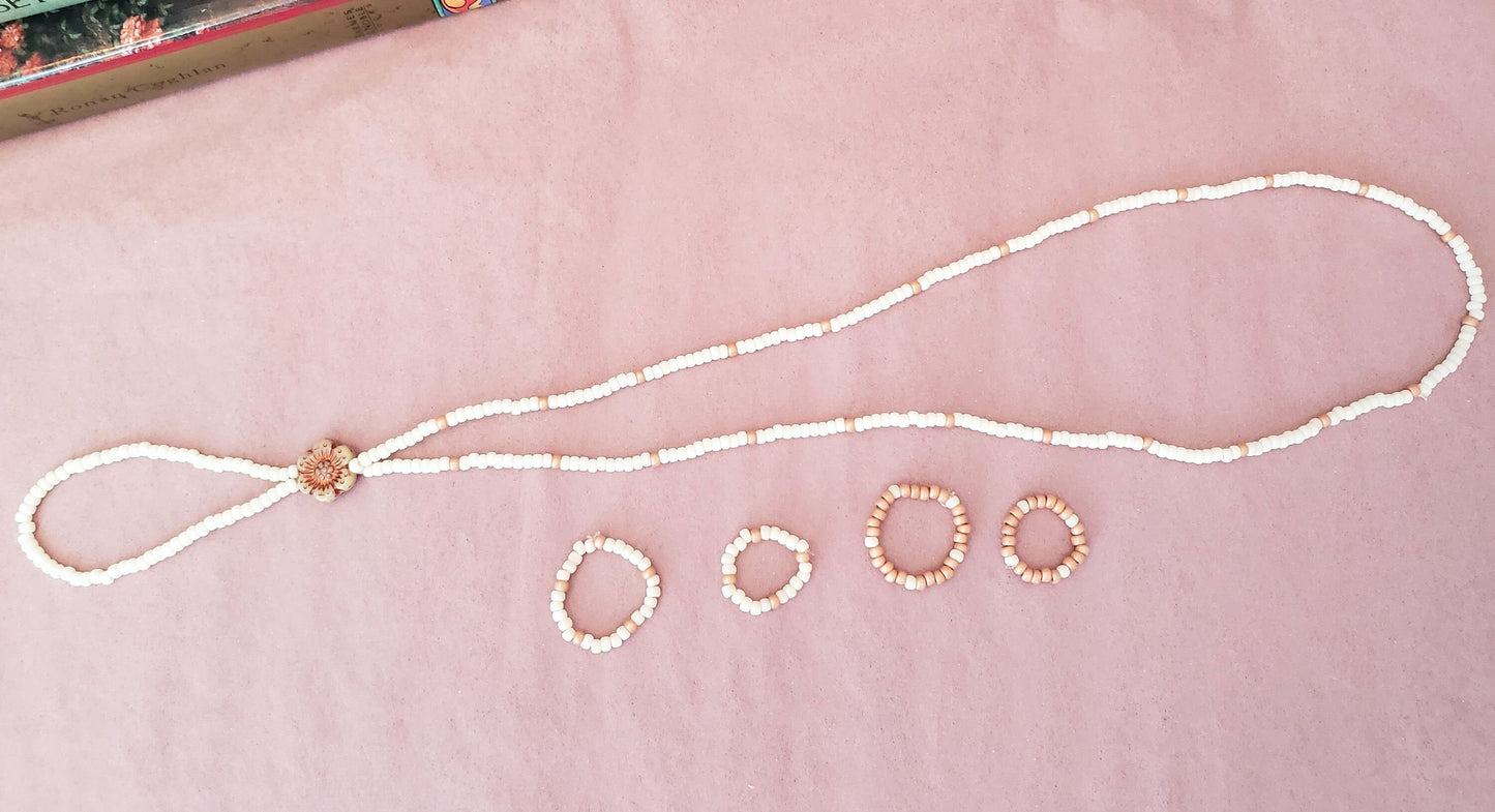 Elastic Beaded Barefoot Sandal or Hand Flower in Beige + White, Boho, Bohemian, Gypsy, Wedding, Bridesmaid, Matte Beads