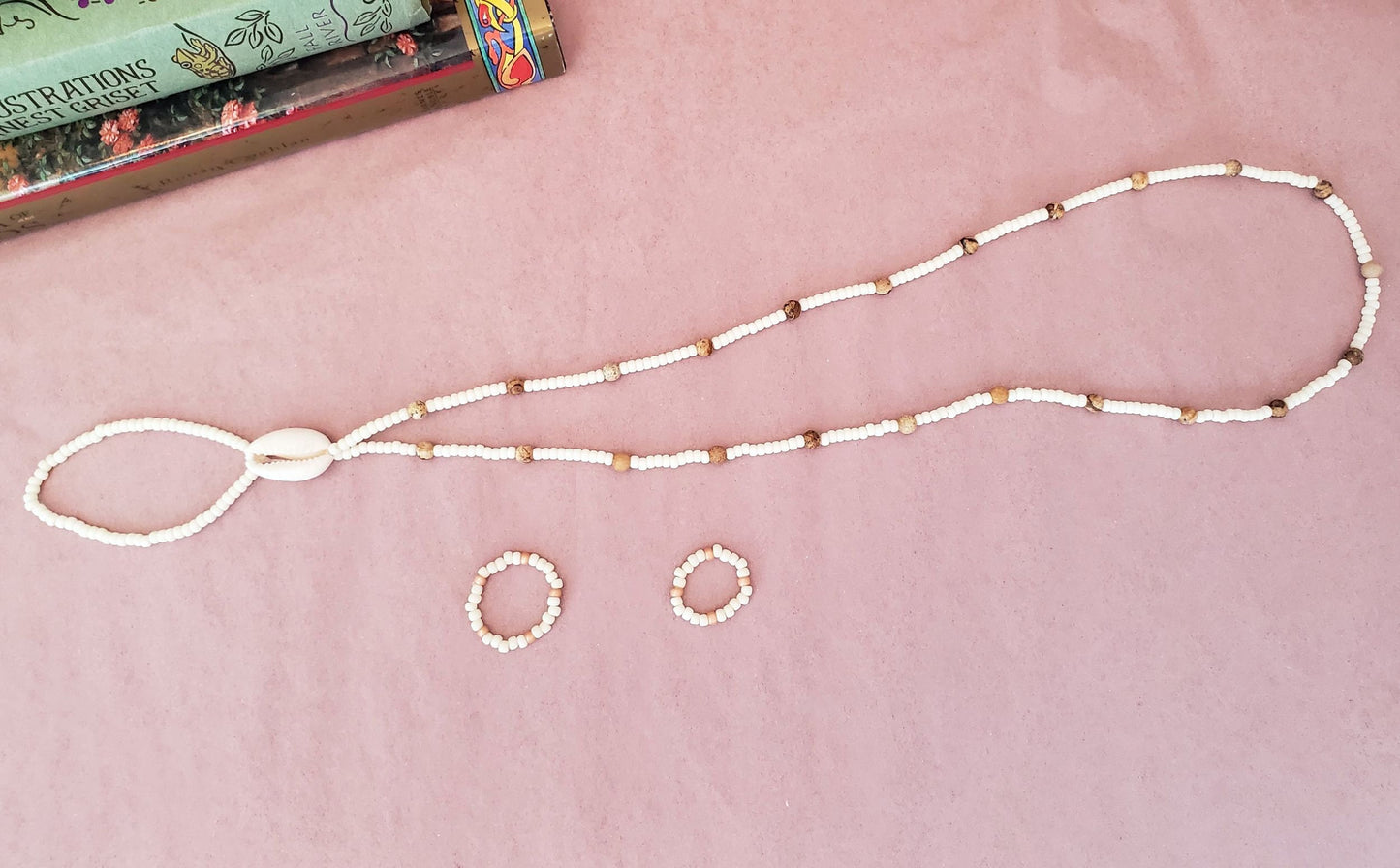 Elastic Beaded Barefoot Sandal or Hand Flower in White + Picture Jasper w/Real Shell, Boho, Bohemian, Gypsy, Wedding, Bridesmaid, Matte