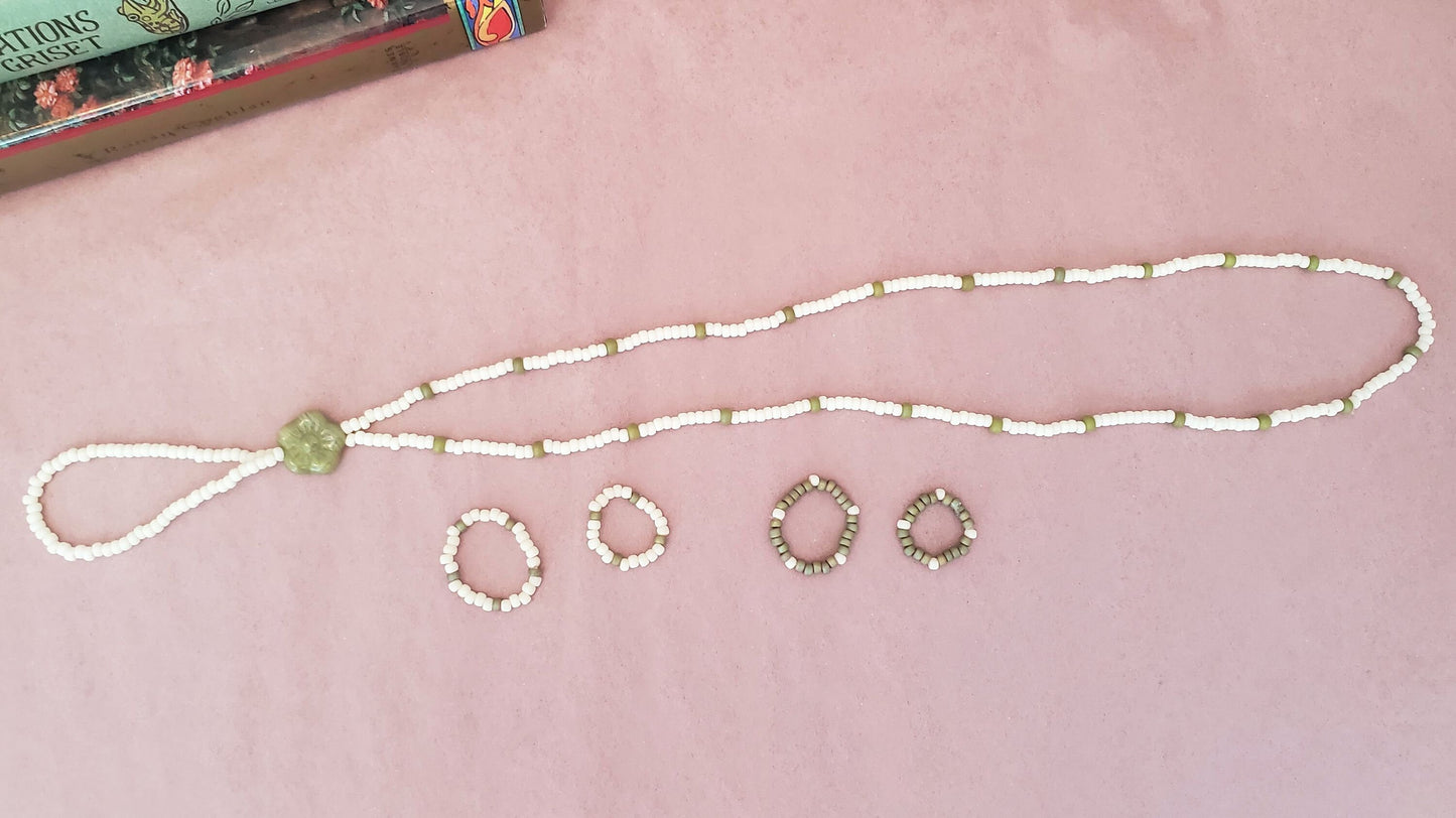 Elastic Beaded Barefoot Sandal or Hand Flower in Olive Green + White, Boho, Bohemian, Gypsy, Wedding, Bridesmaid, Matte Beads